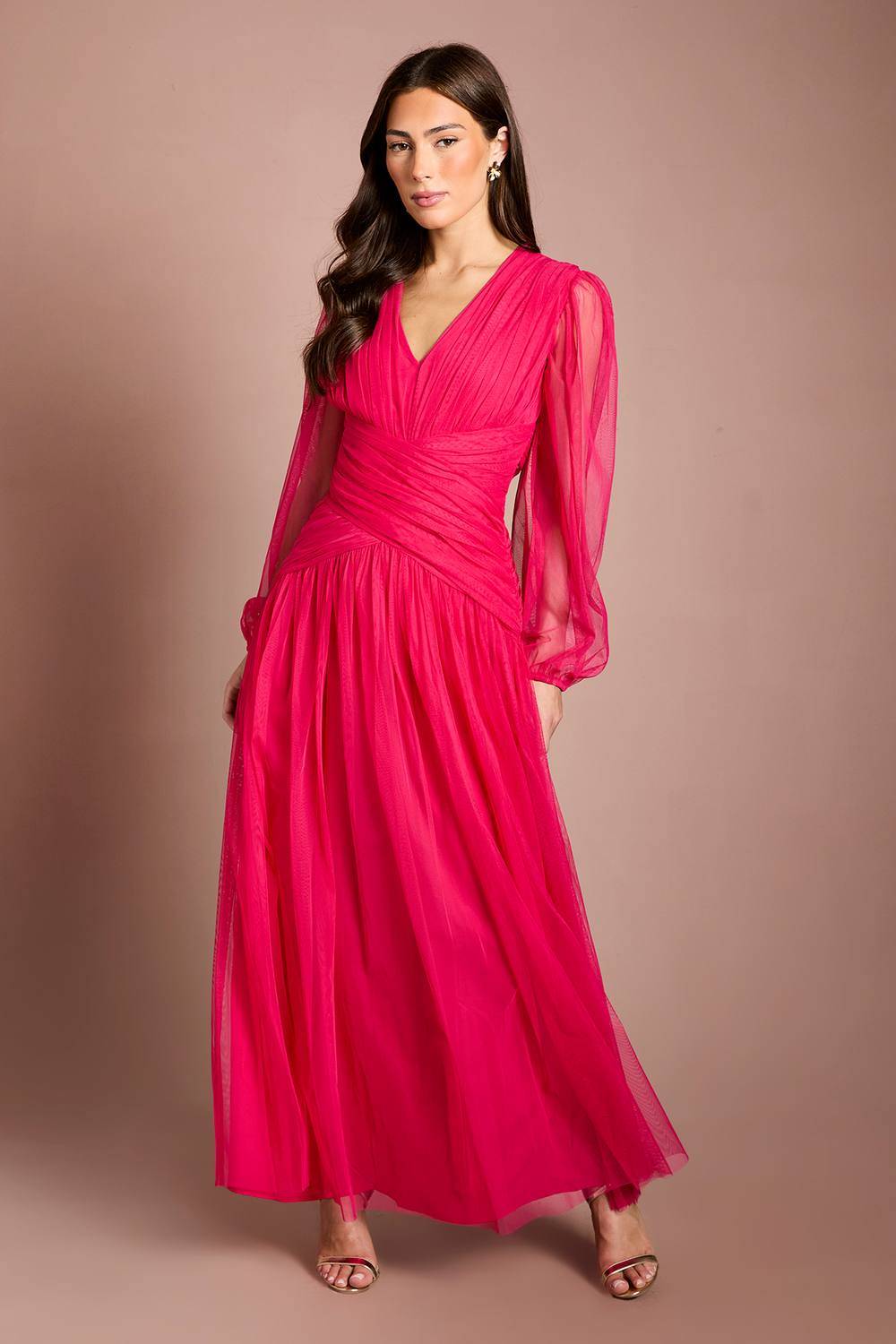 Coast Pleated Mesh Midaxi Dress - Raspberry