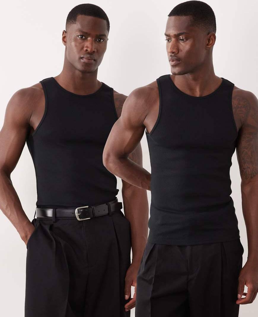 ASOS DESIGN Essentials Ribbade Linnen Muscle Fit 2-Pack - Svarta