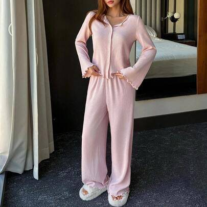 Shein Enkelt Borstat Stickat Pyjamasset Vinter - Rosa