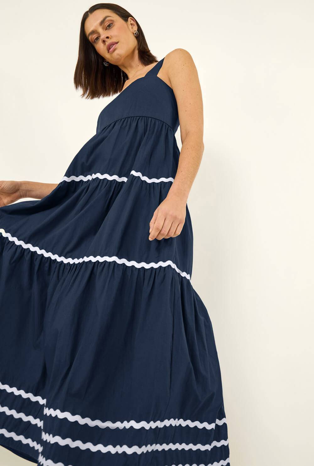 Roman Ric Rac Tiered Midi Dress - Navy - 18
