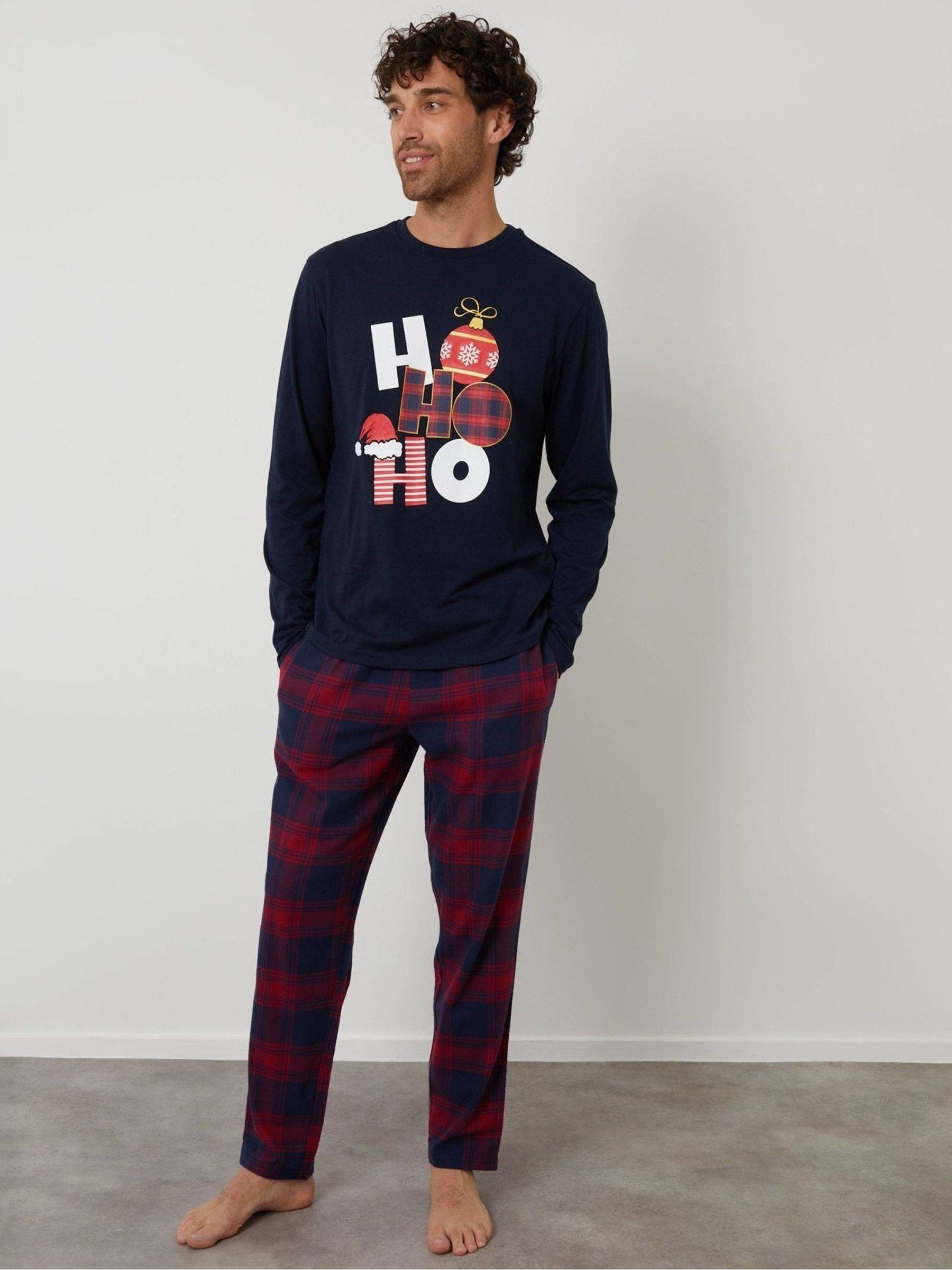 Threadbare Blue Long Check Christmas Pyjamas Set