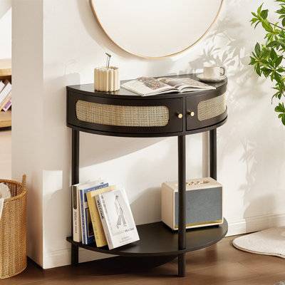 B&Q Half-Moon Rattan Console Table With 2 Drawers, Rattan Entryway Table With Natural Rattan Sliding Door, Console Table With Storage - One Size Console Table