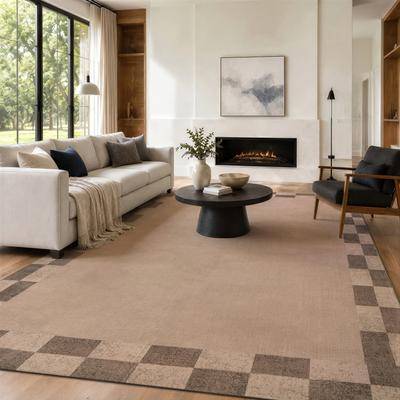 World Rug Gallery Checkerboard Border Machine Washable Non-Slip Backing Area Brown