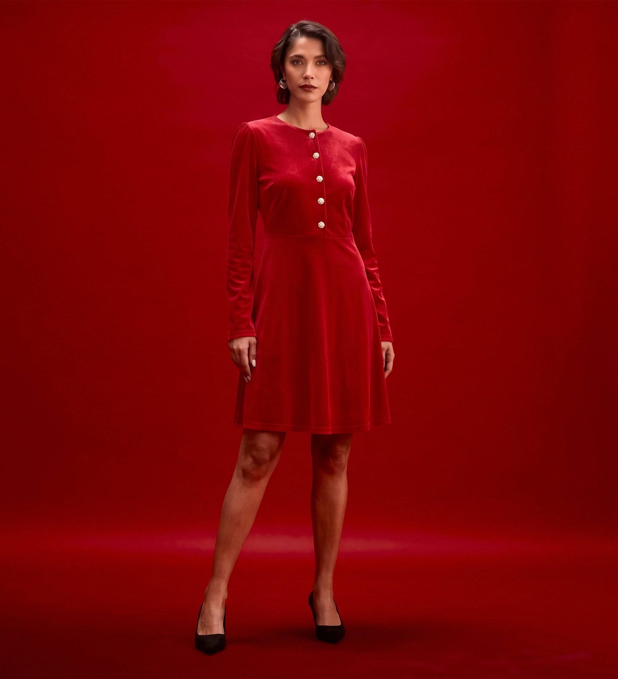 Finery London Rae Velvet Round Neck Short Dress - Rae Red