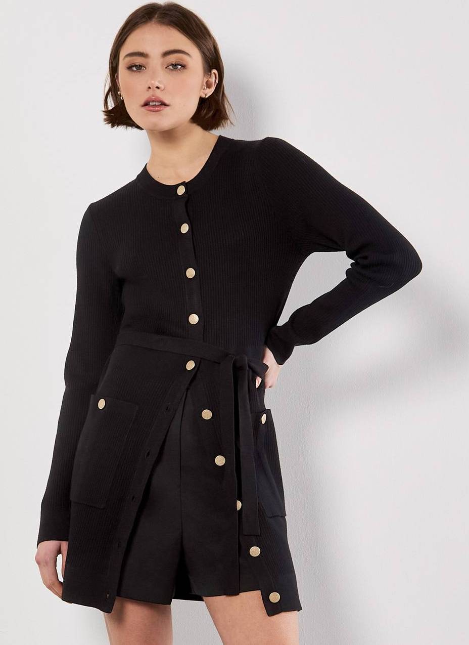 Apricot Ribbed Knit Button-Down Mini Dress - Black