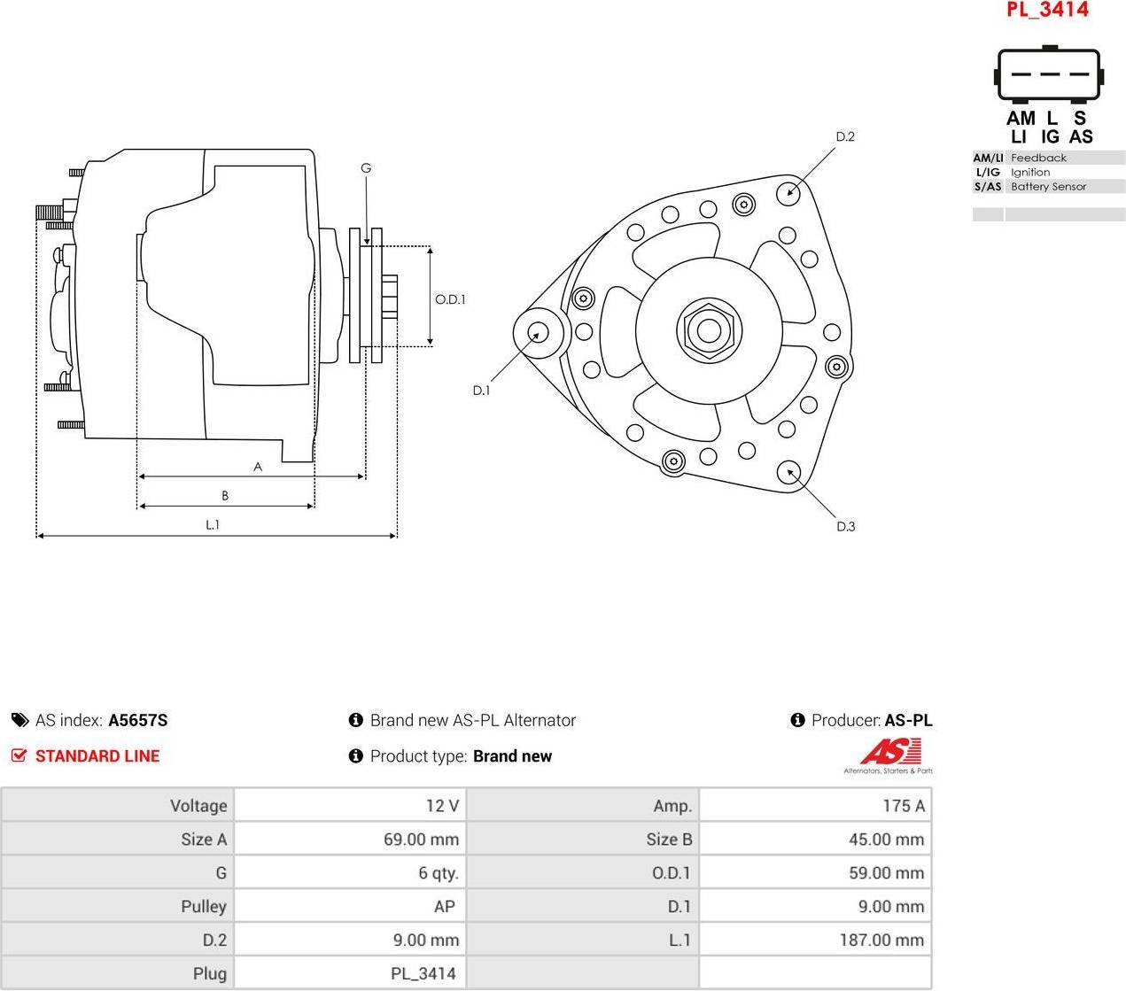 AS-PL A5657S Generator 175 A 12 V