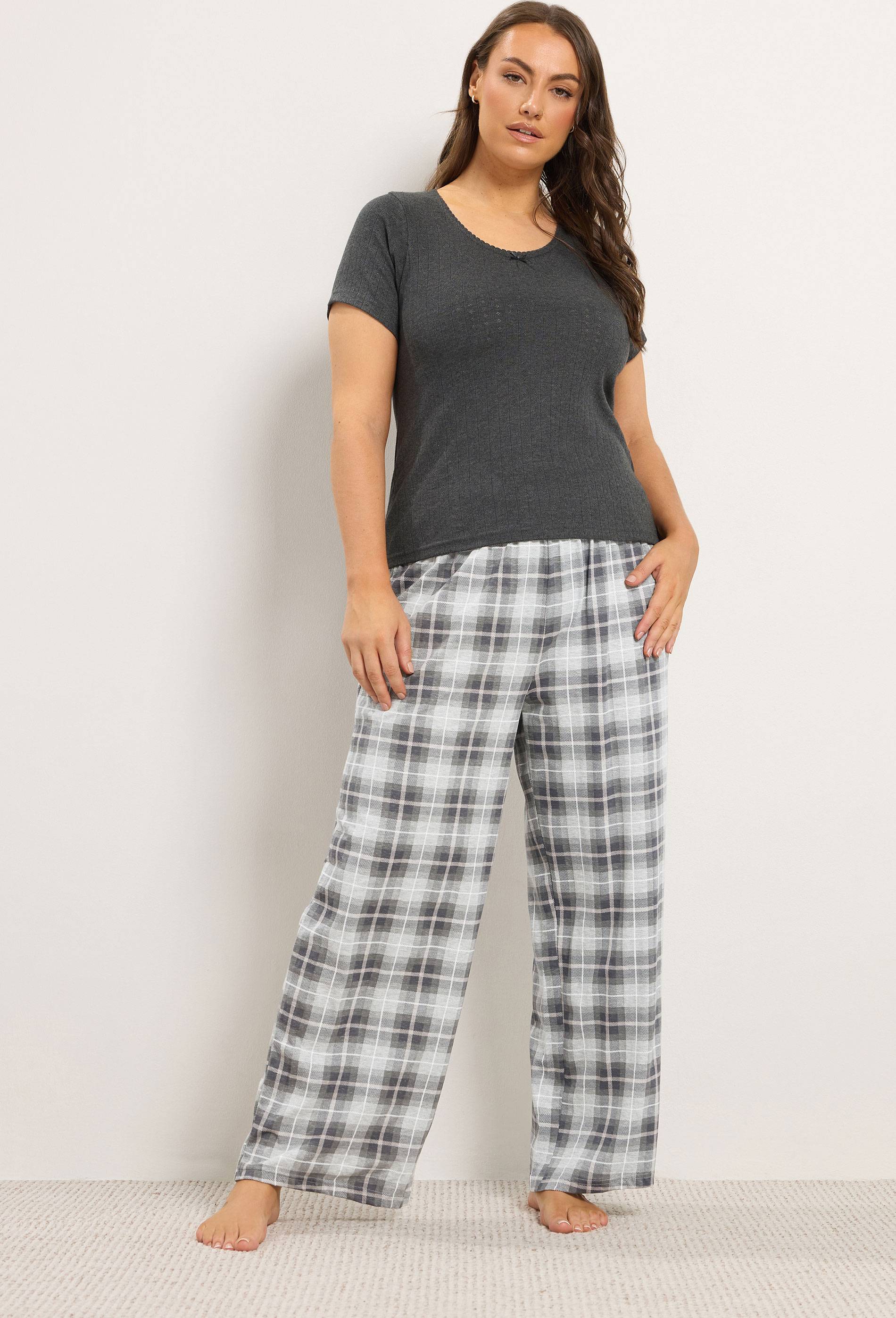 Yours Curve Pointelle Checked Extra Wide Leg Pyjamas Set