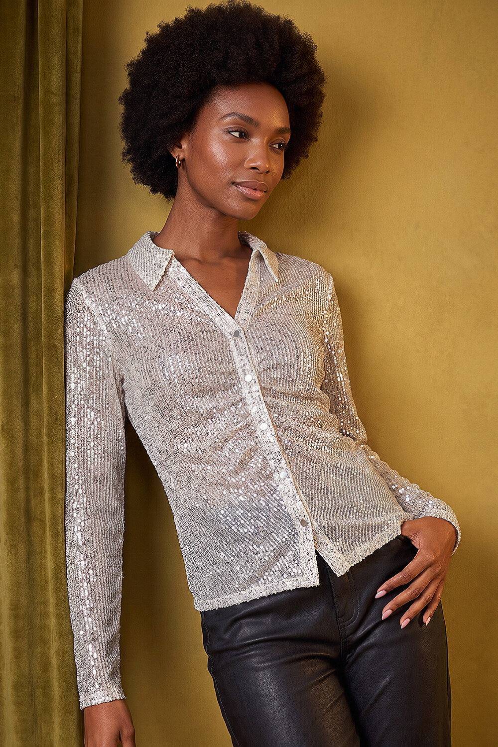 Roman Ruched Front Sequin Shirt - Silver