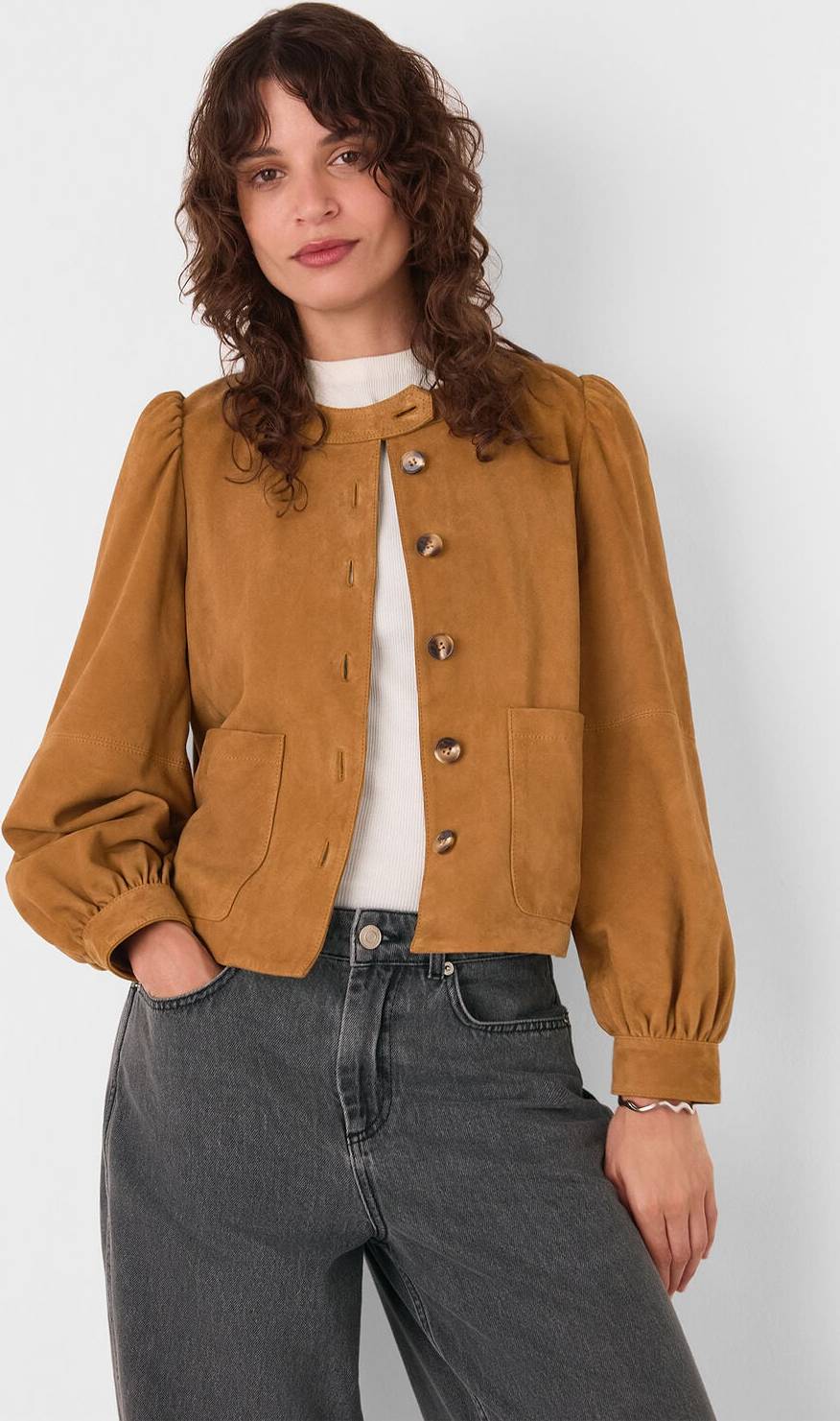 Button Front Suede Jacket - Camel