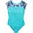 Rainbeau Moves Girl's Seismic Waves Stripe Short Sleeve Mesh Leotard - Aqua/Turquoise (RB6835G)