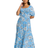 Roman Petite Floral Print Shirred Bodice Maxi Dress - Blue