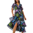 Roman Tropical Print Tiered Midi Wrap Dress - Black