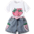 Shein Young Girl Summer 2pcs/Set Strawberry & Letter Print Short Sleeve T-Shirt And Embroidered Elastic Waistband Denim Shorts With Belt