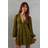 Warehouse Premium Chiffon Embellished Plunge Neck Mini Dress Olive