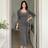 DAZY Women's Solid Color Square Neck Long Sleeve Pleated Fishtail Dress - Grey