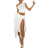 Shein Women Solid Color Graduation Season White Dress Asymmetrical Oblique Shoulder Top With Tied Straps Irregular Hem High Slit Pleated Skirt