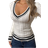 Shein EZwear Women Casual Daily Cable Knit Sweater With Striped Trim V-Neck, Fitted, Autumn/Winter,Long Sleeve Tops