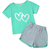 Shein Young Girl Dopamine Heart Printed Casual Short Sleeve TShirt And Color Block Trim Shorts Set For Mother Day Summer