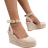 Shein Women Beige Ankle Strap Woven Wedge Sandals, Round Toe High Heel For Vacation