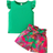 Shein Young Girl Summer Vacation Solid Color Short Sleeve Top And Tropical Print Shorts Outfit