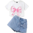 Shein pcs Girls Sweet Oversized Pink Bow Graphic TShirt In Denim Skort Set