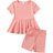 Shein Young Girls Solid Color RibKnit Top With Ruffle Hem And Cycling Shorts Set