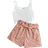 Shein Teen Girls Notched Neck Tank Top & Ditsy Floral Print Paperbag Waist Belted Shorts
