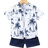 Shein Young Boy Blue & White Tropical Printed Vacation-style Standard Collar Short Sleeve Two-piece Set For Street & Casual Wear In Summer