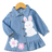 Shein Infant Girls Casual Versatile Washed Blue Denim Dress With Cartoon Graphic Printed Hem Ruffles Autumn Winter New Arrival