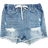 Shein Women Distressed Denim Shorts With Elastic Waist And Drawstring Frayed Hem And Stretchy Fabric
