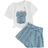 Shein Girls Ditsy Floral & Figure Graphic Tee & Belted Shorts