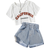 Shein Toddler Girls Letter Graphic Tee & Paperbag Waist Ripped Denim Shorts