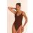 PrettyLittleThing Textured Bead Trim Plunge Swimsuit - Chocolate