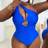 Shein Plus Size Women Blue Hollow-Out Gold Decor One-Piece Swimsuit - Blue
