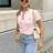Shein Spring And Summer New Pink Solid Color Round Neck Metal Buckle Knitted Short Sleeved Cardigan - Pink