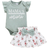 Shein Baby Girls' Letter Printed Short Sleeve Romper And Flower Print Skirt Set