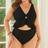 Shein Plus Size Women Jacquard Solid V-Neck Tie Front Hollow Lace Trim Slim Top To Match High Waist Pleated Front Tankini Swimsuit - Sexy Elegant