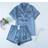 Shein Satin Blue Pajama Set Include Short Sleeve Lapel Top Bowknot Shorts - Blue