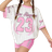 Shein Tween Girls' Casual Loose Set: Bowknot & Striped Letter Print Bright Pink Ballerina Graphic Crew Neck Short Sleeve T-Shirt & Shorts, Summer