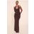 PrettyLittleThing Slinky Halterneck Ruched Detail Maxi Dress - Chocolate