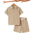 Shein Tween Boy Loose Fit Solid Turndown Collar Short Sleeve Polo Shirt and Shorts Set - Khaki