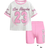 Shein Young Girls Sweet Bow Striped Letter Print Graphic Tee & Shorts Set - Bright Pink