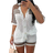 Shein Yuwenier Casual 2Pcs Striped Pattern Button Front Short Sleeve Shirt Knitted Top Blouse Cardigan & Knit Shorts Beach Outfits For Woman