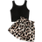 Shein Tween Girl Black Tank Top With Leopard Print And Paper Bag Shorts 2-Piece Set