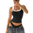 Shein Mystra Summer Simple Retro Solid Color Ribbed Knit Sexy Casual U Neck Crisscross Back Tank Top - Black/White