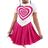 Shein Tween Girl Heart Print Short Sleeve Top And Pleated Hem Skirt - Hot Pink