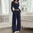 Shein Women Casual Navy Round Neck Long Sleeve Top And Pants Set