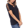 White Mark Keyhole Neck Cutout Short Sleeve Top - Black