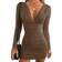 Gobles Women's Sexy Long Sleeve V Neck Ruched Bodycon Mini Party Cocktail Dress