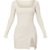 PrettyLittleThing Ribbed Split Hem Square Neck Long Sleeve Bodycon Dress - Cream